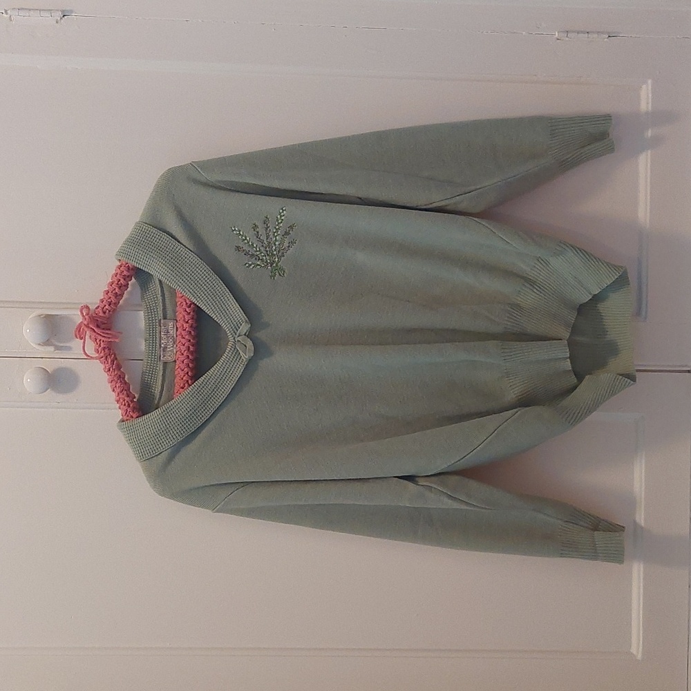 Green embroidered grandma sweater